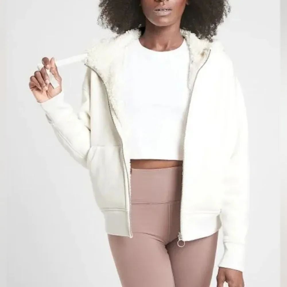 Athleta White Cream Cozy Sherpa reversible Jacket Hoodie Sweatshirt NWT